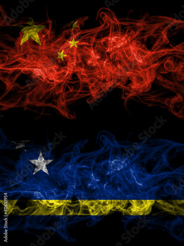 China  Chinese vs Netherlands  Dutch  Holland  Curacao smoky mystic flags placed side by side. Thick colored silky abstract smoke flags.