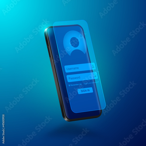 Online registration form. Login form, login page opened in web browser window on realistic mobile phone screen projection on glass.