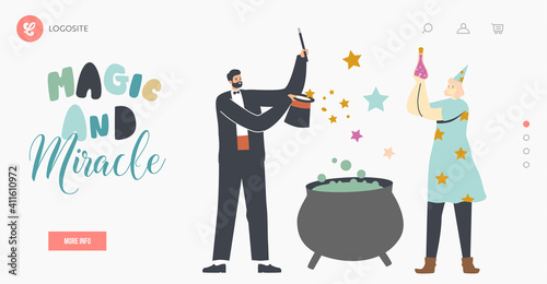 Magic and Miracle Landing Page Template. Illusionists Characters Perform Tricks with Top Hat, Wand, Cauldron and Spells