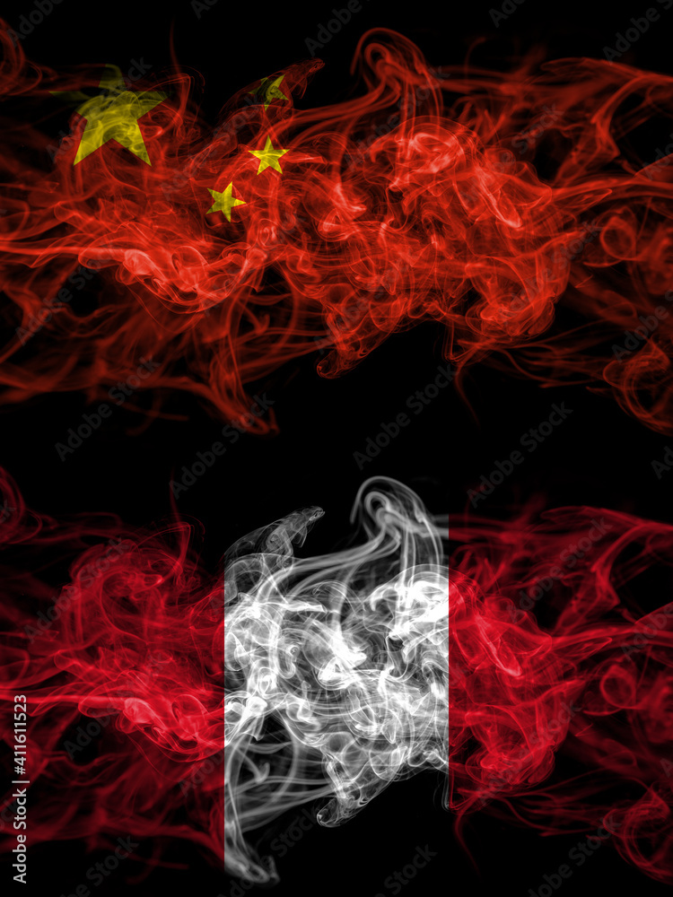 China, Chinese vs Peru, Peruvian smoky mystic flags placed side by side. Thick colored silky abstract smoke flags. China, Chinese vs Peru, Peruvian smoky mystic flags placed side by side. Thick colored silky abstract smoke flags.