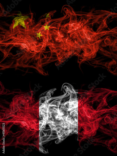 China  Chinese vs Peru  Peruvian smoky mystic flags placed side by side. Thick colored silky abstract smoke flags.