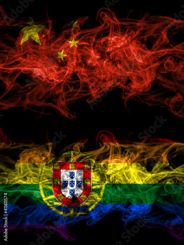 China, Chinese vs Portugal, Portuguese, gay, pride smoky mystic flags placed side by side. Thick colored silky abstract smoke flags.