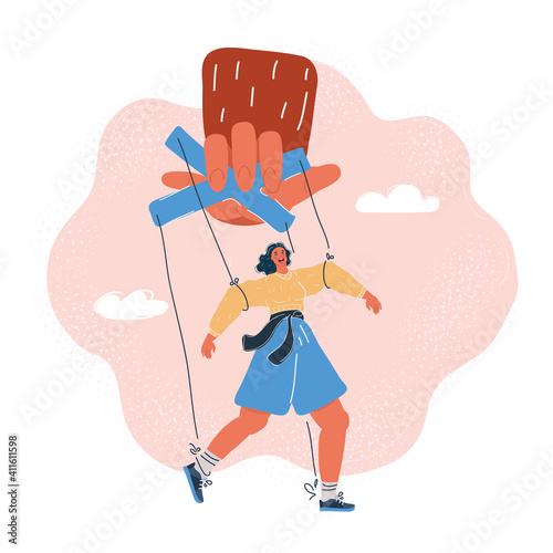 Vector illustration of woman puppet marionette in someone giant hands. Control and manipulating concept on dark background.