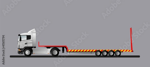 An image of a modern European truck with a low loader semi-trailer. Flat style line art illustration.