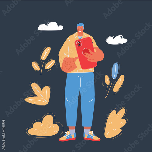 Vector illustration of Man use smarthone on dark backround.