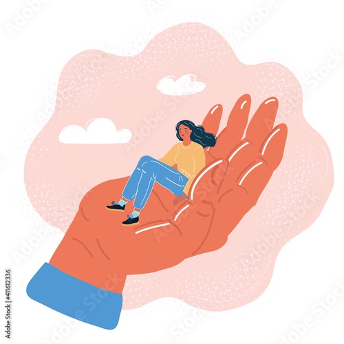 Vector illustration of Editable vector silhouette of a miniature man in the palm of a woman's hand with both figures as separate objects