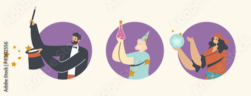 Illusionist Perform Trick with Top Hat and Wand, Fortune Teller with Crystal Globe and Magician with Potion in Bottle