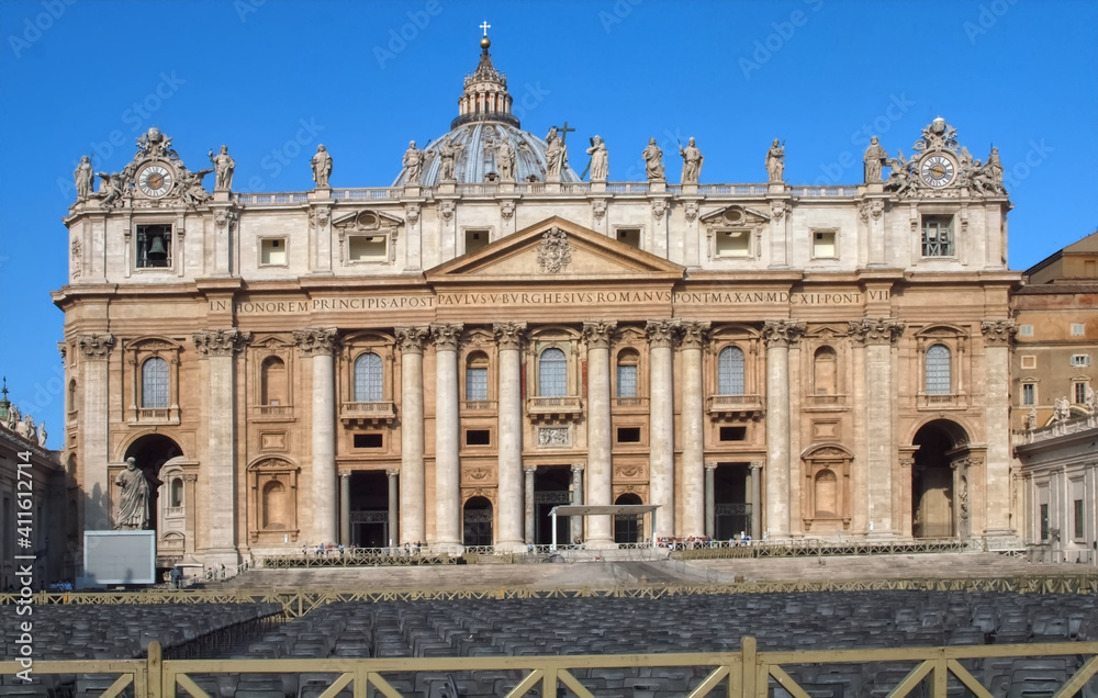 Famous St. Peters square or Piazza San Pietro in Rome with Saint Peter basilica