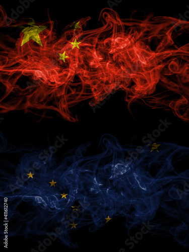 China, Chinese vs United States of America, America, US, USA, American, Alaska, Alaskan smoky mystic flags placed side by side. Thick colored silky abstract smoke flags.
