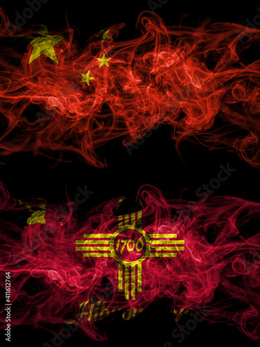 China  Chinese vs United States of America  America  US  USA  American  Albuquerque  New Mexico smoky mystic flags placed side by side. Thick colored silky abstract smoke flags.