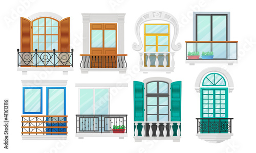 Set Balconies with Windows with Wooden Shutters and Metal Forged or Marble Balusters. Classic Construction Architecture