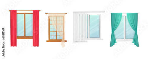 Set Windows with Curtains and Jalousie Shutters, Interior Design Elements. Plastic or Wooden Frames with Fabric Drapery