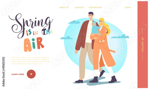 Spring in the Air Landing Page Template. Happy Family Characters Walking at Spring. Father and Mother with Baby Walk