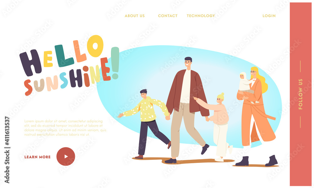 Family Walk Landing Page Template. Characters Walking at Spring Park. Father, Mother with Baby, Son and Daughter Leisure Family Walk Landing Page Template. Characters Walking at Spring Park. Father, Mother with Baby, Son and Daughter Leisure