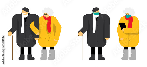 Senior couple standing together and with distance wearing face mask. Flat design style illustration.