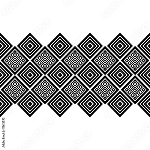 Seamless pattern repeating design with geometric shapes.
