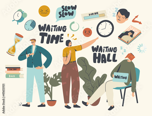 Long Wait, Slow Time Concept. Tired Bored Male or Female Characters Too Long Waiting in Office Hall, Airport or Hospital