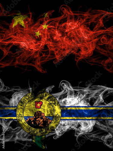 China, Chinese vs United States of America, America, US, USA, American, Little Rock smoky mystic flags placed side by side. Thick colored silky abstract smoke flags. © Vlad