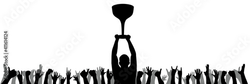 Cheerful crowd of people silhouette. Victory in the sports championship, the man holds the cup. Applause, fans crowd. Poster, emblem, symbol, banner