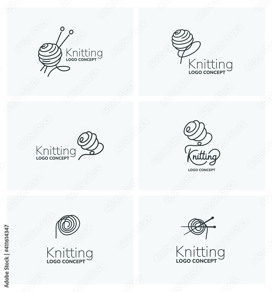 Set of six knitting logo concepts. Vector linear iconic signs with of bobbin and knitting needles. Set of six knitting logo concepts. Vector linear iconic signs with of bobbin and knitting needles.