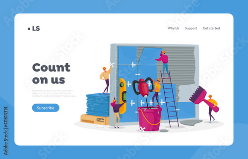 Construction and Home Renovation Works Landing Page Template. Tiny Workers Characters Laying Huge Ceramics on Wall