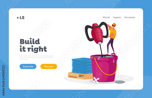 Tile Laying Renovation Works Landing Page Template. Tiny Worker Character in Uniform Stand on Huge Bucket Mixing Cement