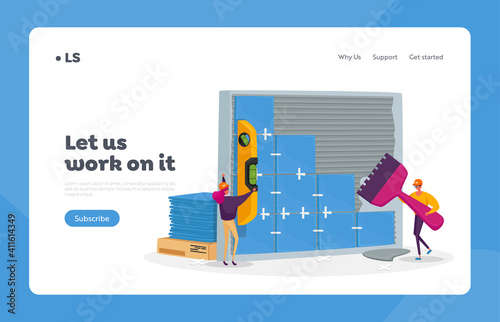 Professional Repairman Service, Home Renovation and Construction Works Landing Page Template. Workers Laying Ceramics