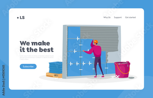 Construction Works Landing Page Template. Professional Repairman Service, Home Renovation. Tiny Worker Install Ceramic