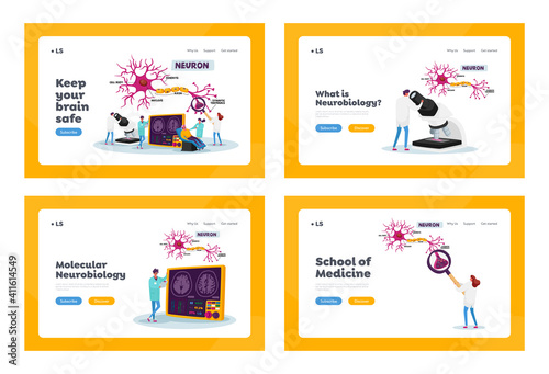 Scientists Characters Learn Human Brain Landing Page Template Set. Neurobiology Laboratory with Scheme Dendrite Cells