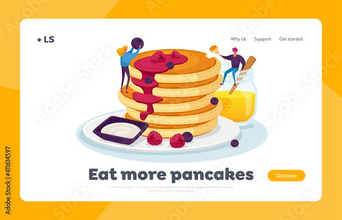 Breakfast, Morning Food, Culinary Hobby Landing Page Template. Tiny Characters Pouring Fresh Hot Pancakes with Honey