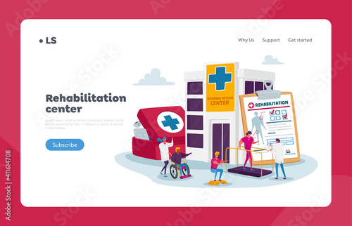 Rehabilitation Landing Page Template. Tiny Characters at Huge Medic Things. Doctor Push Wheelchair with Injured Woman