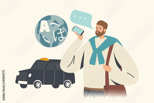 Tourist Character Stand at Taxi Car Use Language Translating Mobile App for Speech Translation. Multilingual Dictionary