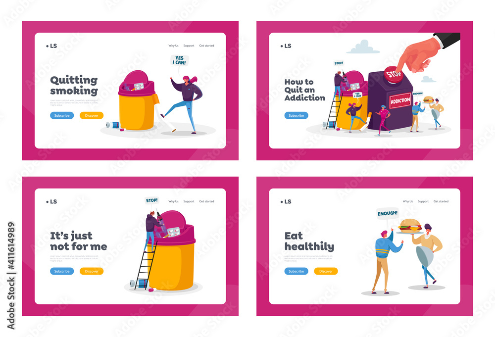 Stop Addiction, Healthy Life Landing Page Template Set. Characters Give ...