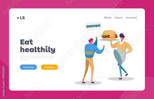 Stop Addiction Start Healthy Lifestyle Landing Page Template. Character Give Up Unhealthy Eating. Man Refuse Fastfood