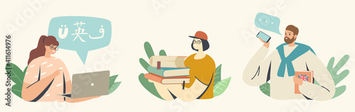 Male and Female Characters Use Language Translating App for Document, Books or Speech. Multilingual Dictionary Service
