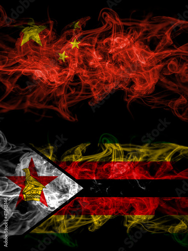 China, Chinese vs Zimbabwe, Zimbabwean, Zimbo smoky mystic flags placed side by side. Thick colored silky abstract smoke flags.