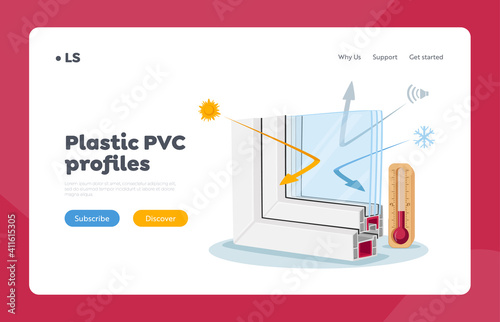 Plastic Window Pvc Profile Landing Page Template. Presenting Modern Technology, Plastic Glass Reflecting Cold and Heat