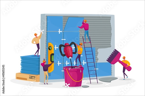 Construction, Home Renovation Works, Tiny Workers Male Female Characters Laying Huge Ceramics on Wall. Repairman Service