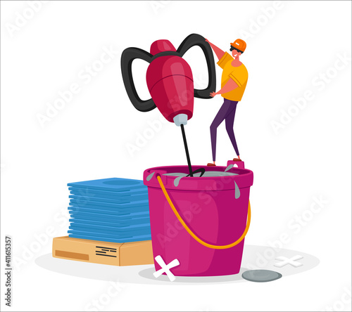 Tiny Worker or Handyman in Uniform and Helmet Stand on Huge Bucket Mixing Cement Mortar for Ceramics Tile Laying