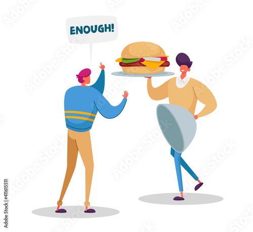 Stop Addiction, Start Healthy Lifestyle Concept. Male Character Give Up Unhealthy Eating. Man Refuse to Eat Fastfood