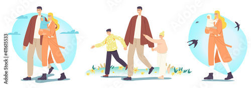 Happy Family Characters Walking at Spring. Father Holding Kids Hands, Mother with Baby Spend Time Together Outdoors