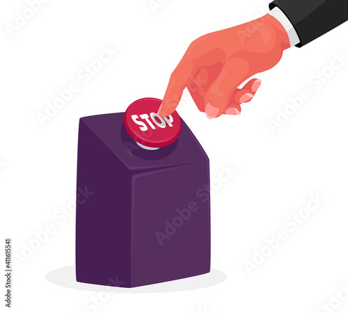 Human Hand Push with Finger on Huge Red Stop Button Isolated on White Background, Life Reloading, End of Process
