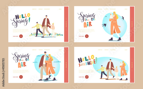 Family Walk Landing Page Template Set. Characters Walking at Spring Park. Father, Mother with Baby, Son and Daughter