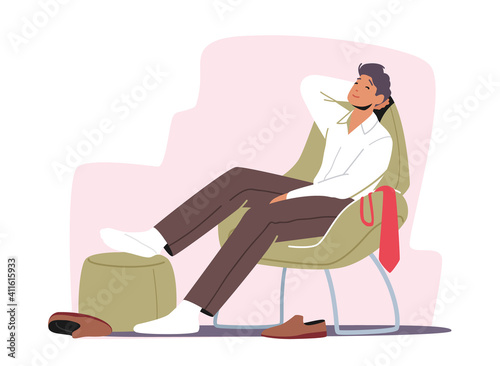 Relax Sparetime Concept. Tired Businessman Character Sitting in Comfortable Chair with Legs on Pouf and Scatter Shoes