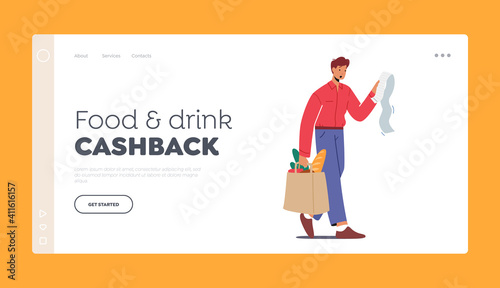 Upset Male Character Shocked with Price of Products in Store Landing Page Template. Unhappy Customer with Food in Bag