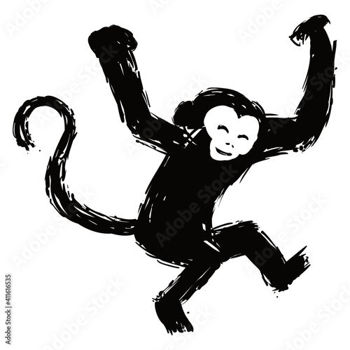 Photography Hanging and smiling monkey in black brush strokes, Vector Illustration