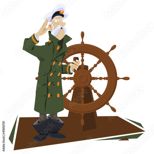 Sea wolf with pipe. Old captain of ship at wheel. Illustration for internet and mobile website.