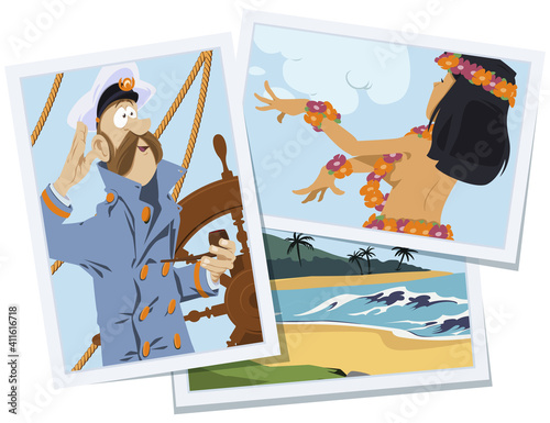 Sea wolf with pipe. Captain of ship salutes dancing girl. Illustration for internet and mobile website.