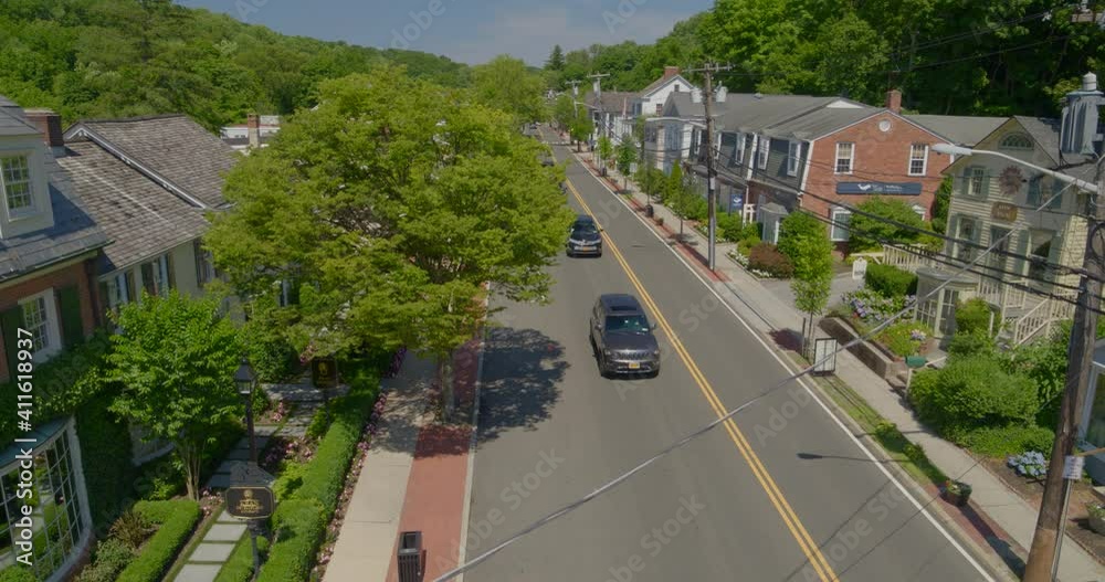 Lowering Aerial View of a Main Street in a Small Town in Long Island Lowering Aerial View of a Main Street in a Small Town in Long Island