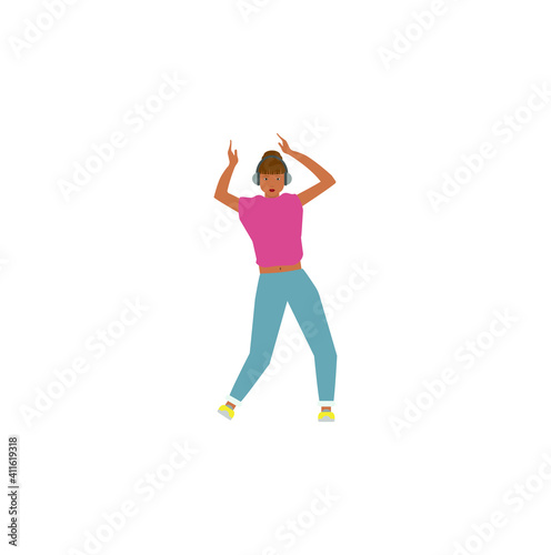 woman with headphones jumping and dancing